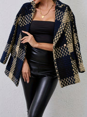 Women's Plaid Double-Breasted Blazer with Lapel Collar for Fall Winter