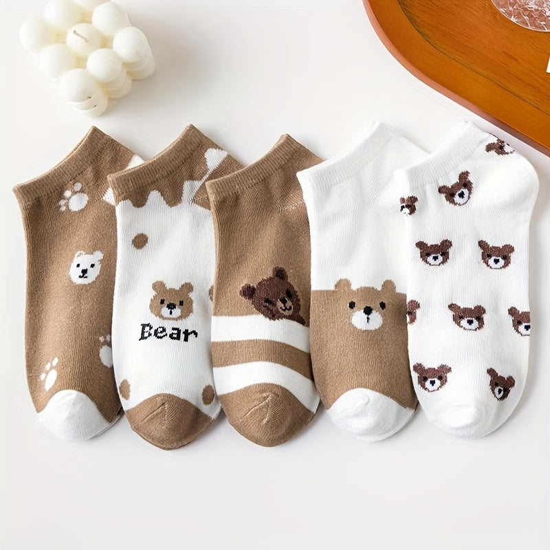 Women 5 Pairs Low Cut Ankle Socks Cartoon Bear Print Lightweight Cotton Socks