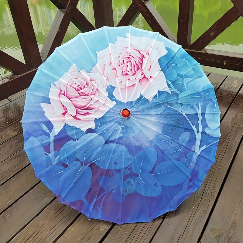 Chinese Cherry Blossom Parasol Umbrella with Silk Cloth Sun and Rain Protection