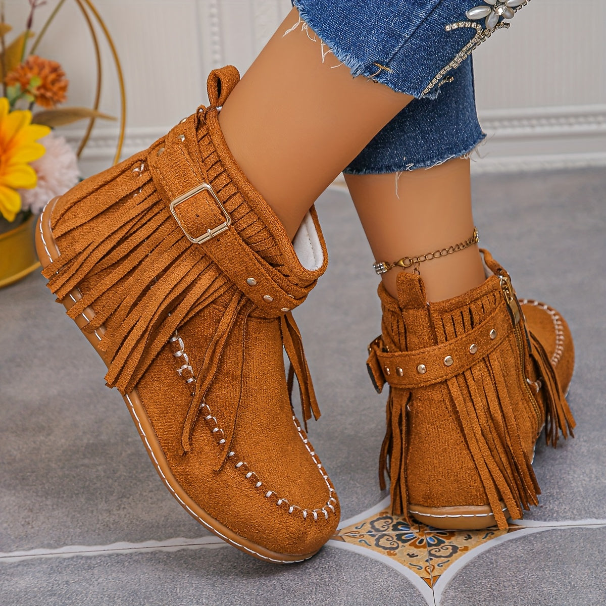 Women’s Short Boots With Tassel Decor, Side Zipper, Comfortable Winter Boots