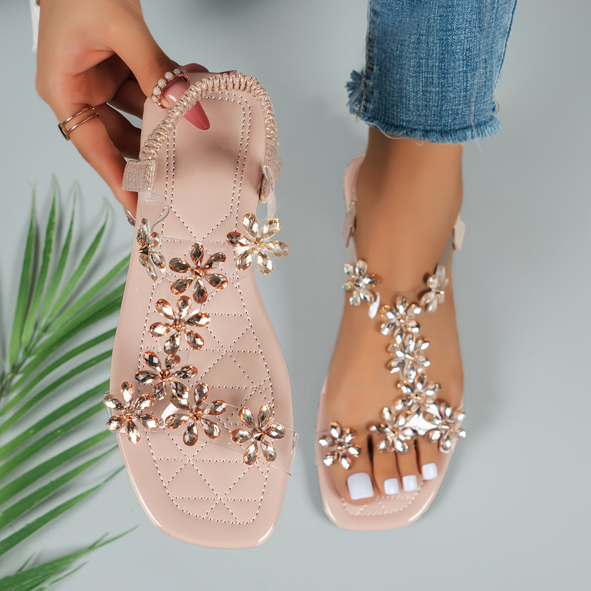 Women Flat Sandals Butterfly Design Open Toe Beige PVC Summer Casual