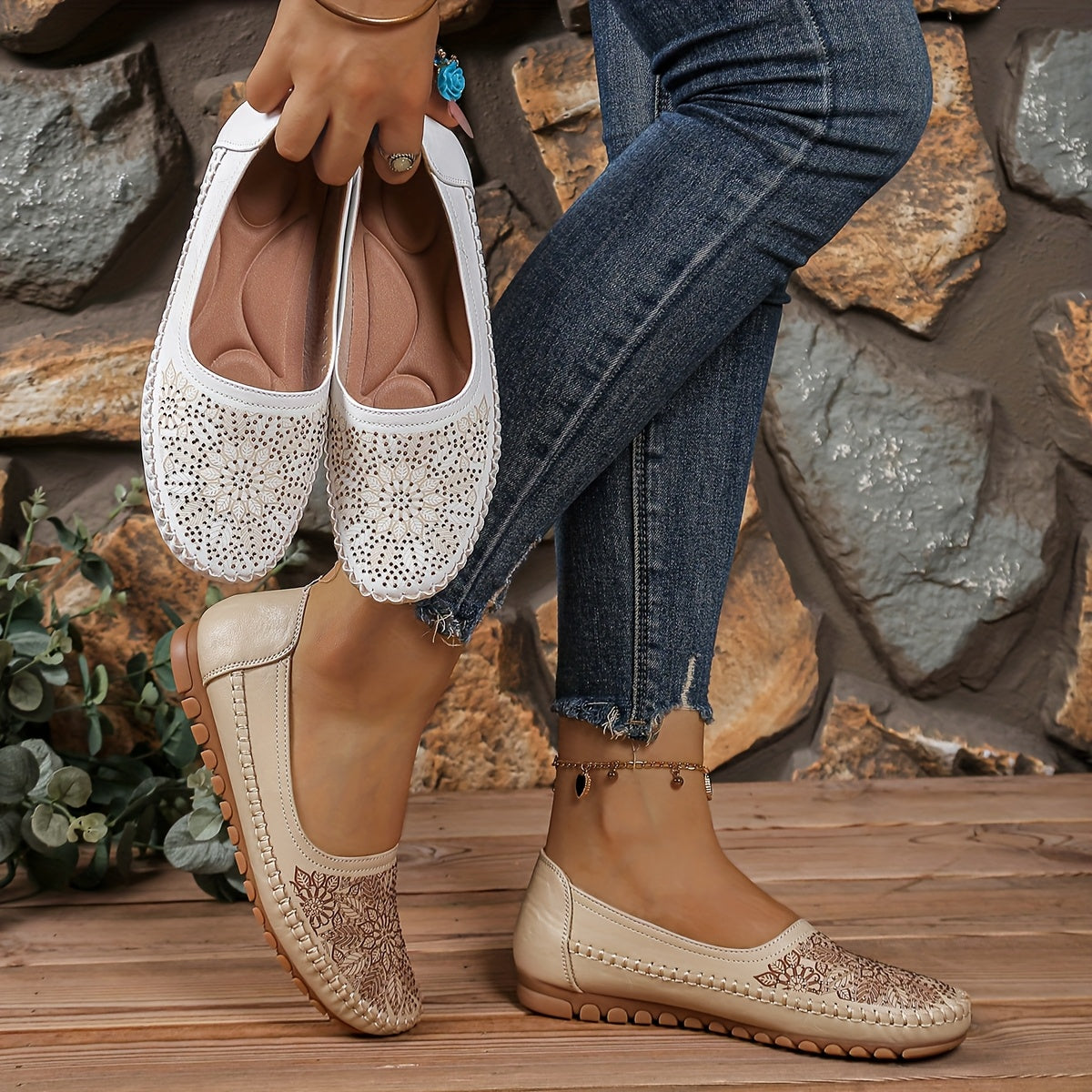 Women's Leather-Embroidered Slip-On Penny Loafers Flat Shoes