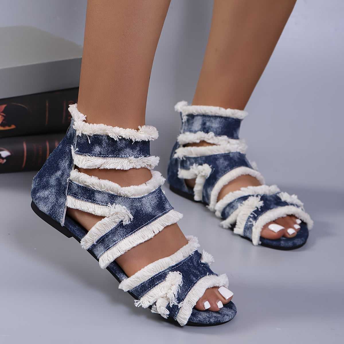 Women's White Frayed Edge Roman Flat Sandals Open-Toe Summer Footwear