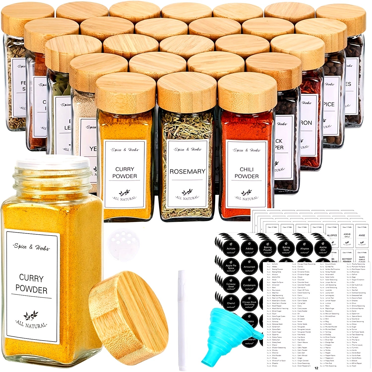 6/12 Glass Spice Jars with Wooden Lids and Aluminum Caps for Kitchen Storage