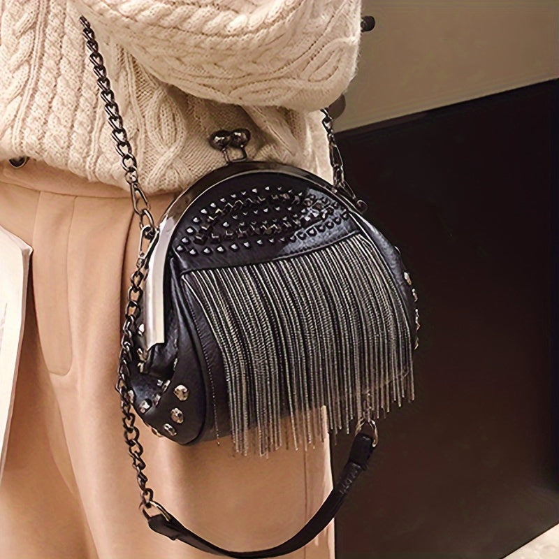 Women's PU Kiss Lock Handbag with Rivets Tassel Decor and Shoulder Chain