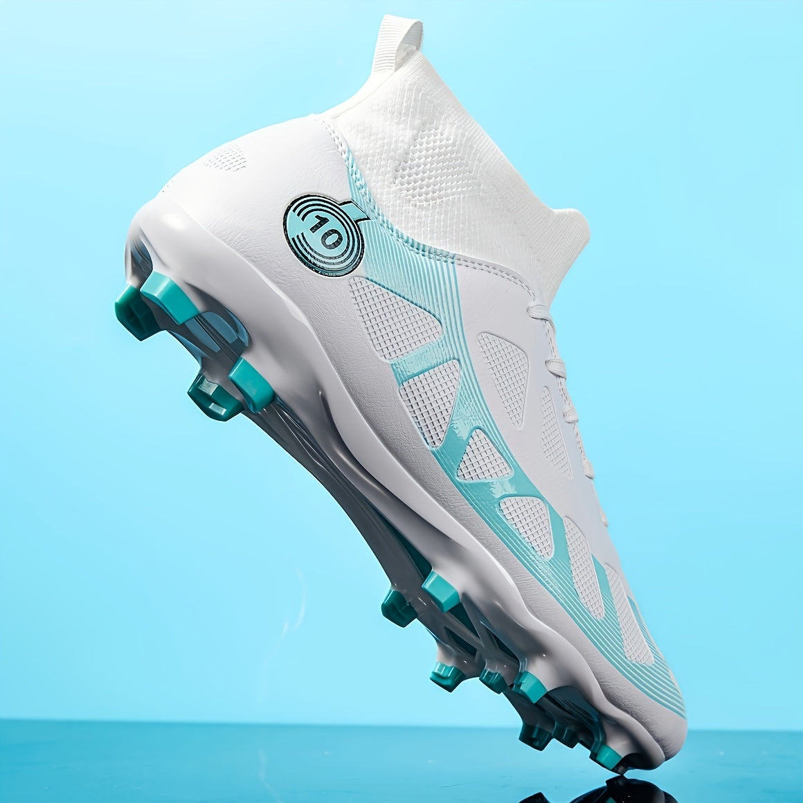 Men's White and Teal High-Top Soccer Cleats with Long Studs for Outdoor Training and Matches