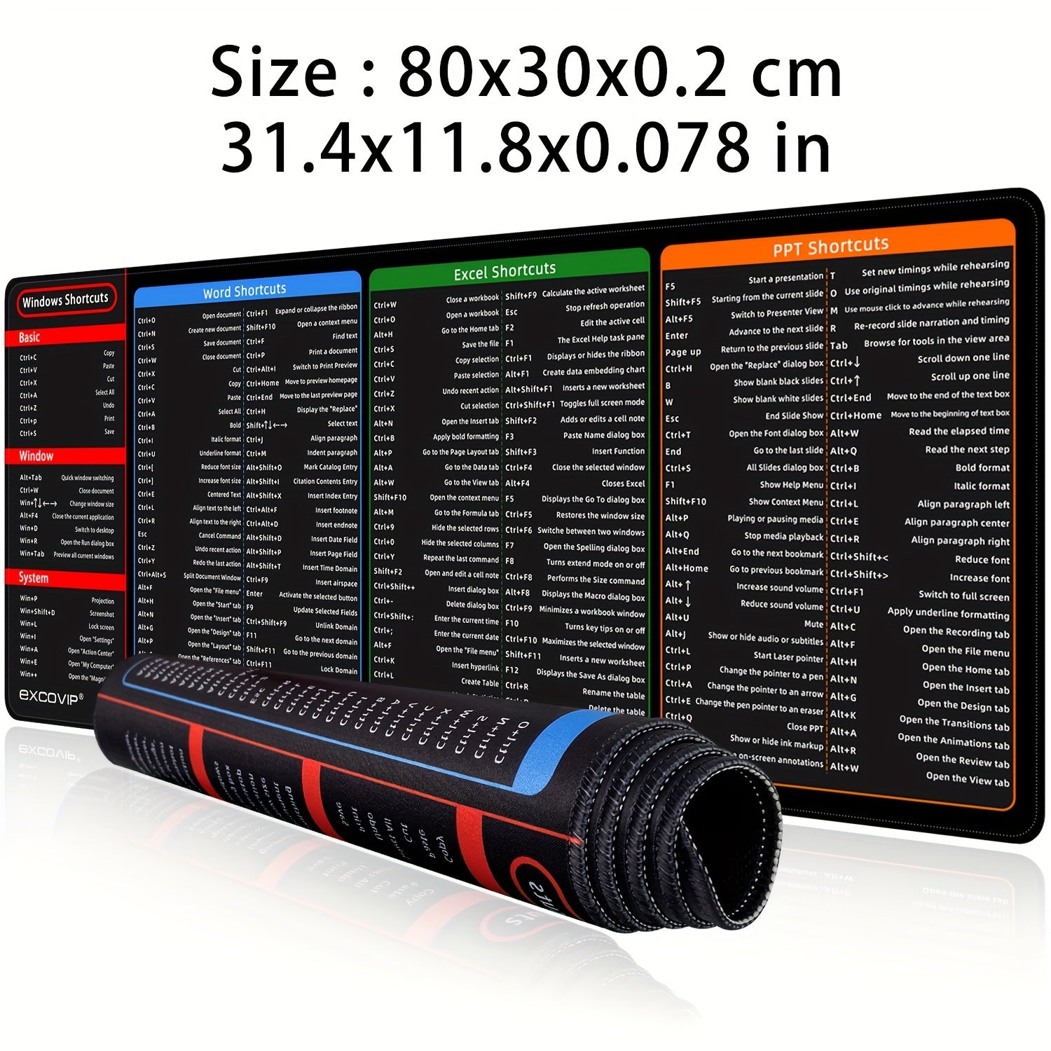 1 dona Katta Stol Pad, Office Word, Excel va PPT uchun Oddiy Windows Qisqa Yo'llari bilan, qisqa yo'l naqshiga ega bo'lgan sirpanmaydigan klaviatura va sichqoncha pad.