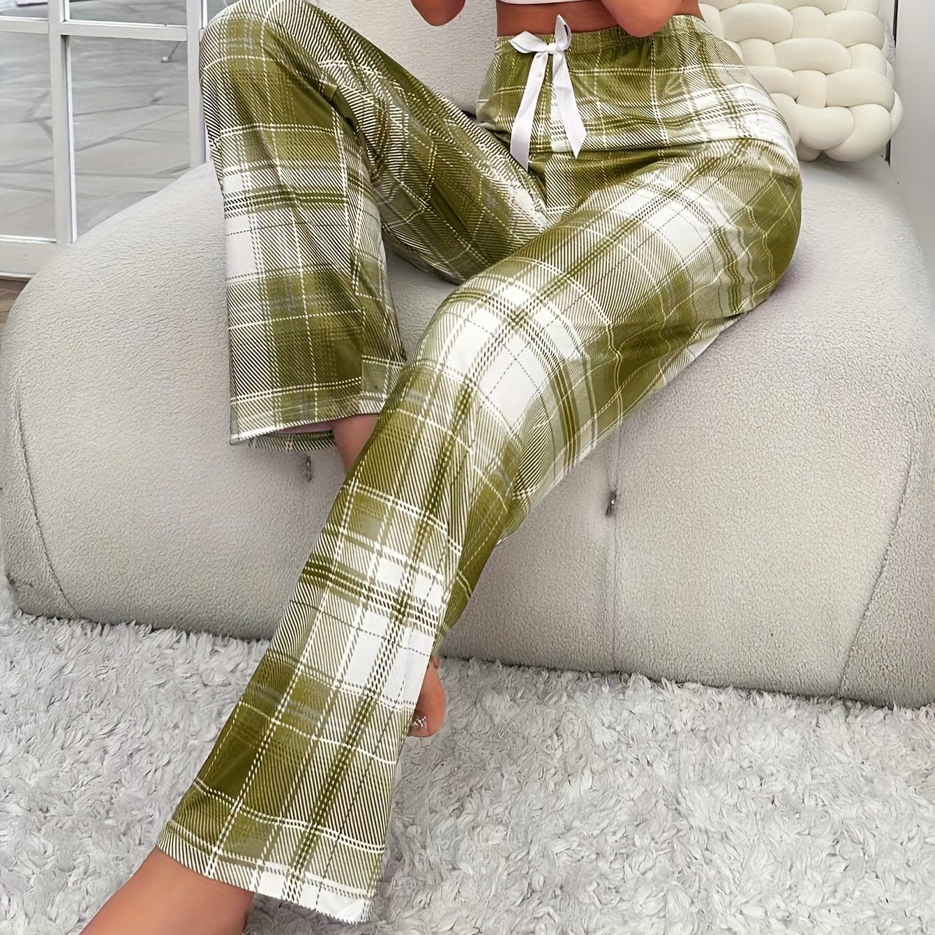Women's Plaid Bow Elastic Pajama Pants Casual Sleepwear Bottoms All Season