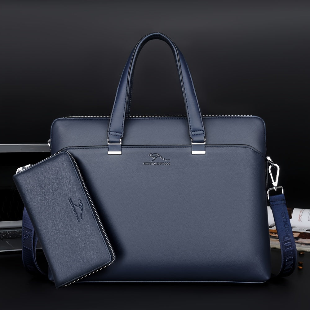 Men's Minimalist Black PU Leather Handbag Set with Computer Briefcase for Office