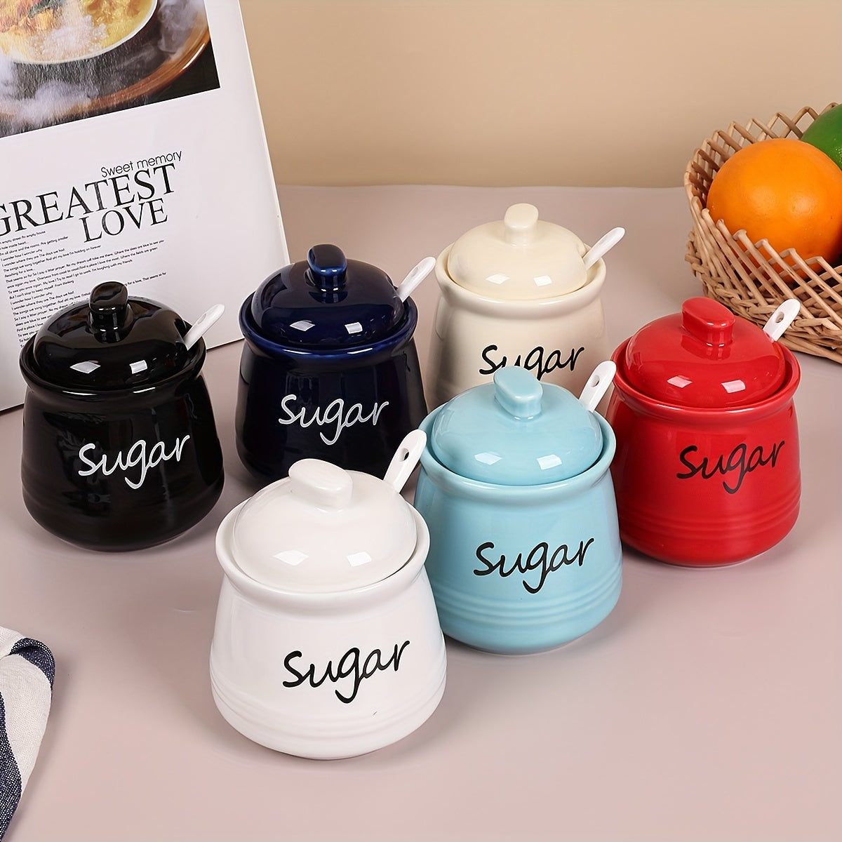 Ceramic Sugar Jar with Lid and Spoon 12oz Capacity for Coffee Bars and Restaurants