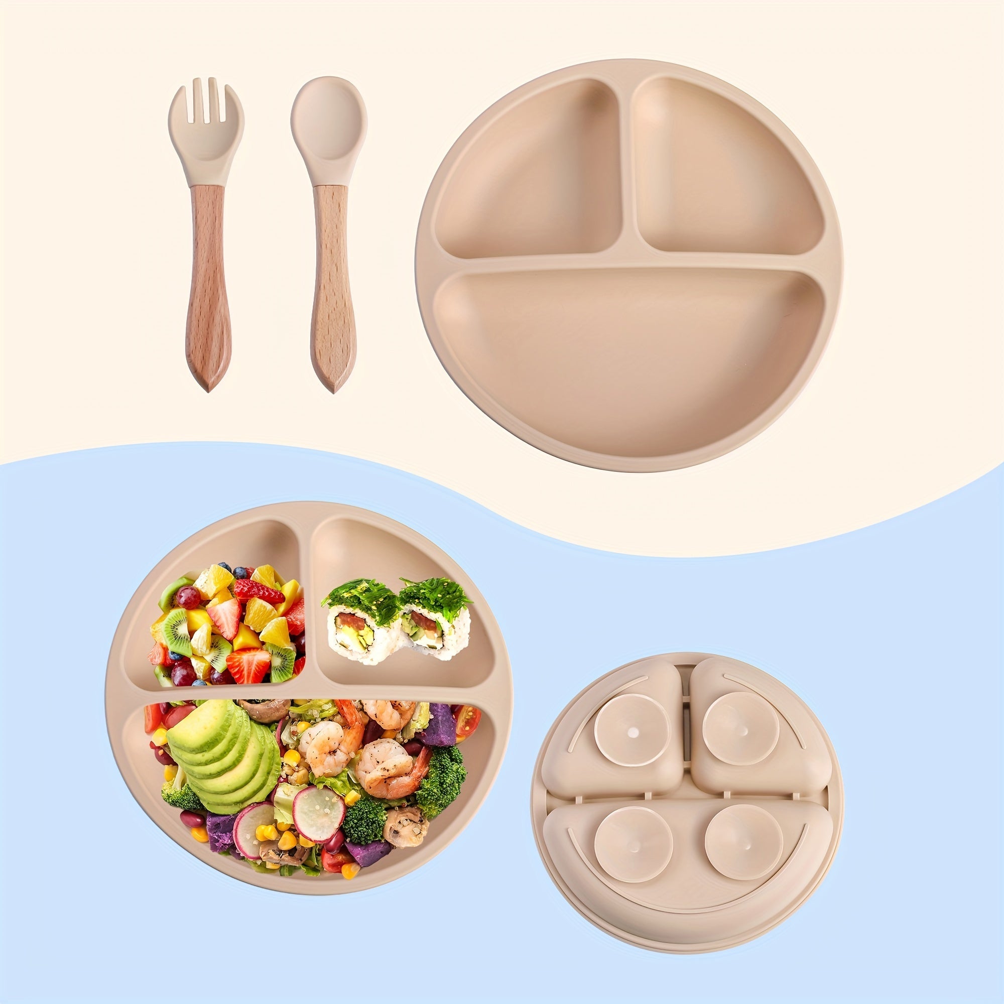 Baby Feeding Set 3-Piece Silicone Divided Plate Spoon Utensils for Toddler