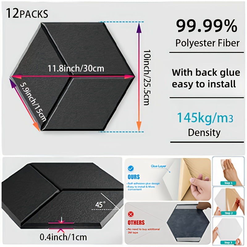 Panel de absorción acústica hexagonal negro de 12 piezas