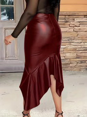 Plus Size Women's Black PU Leather Skirt High-Waisted Asymmetrical Hem