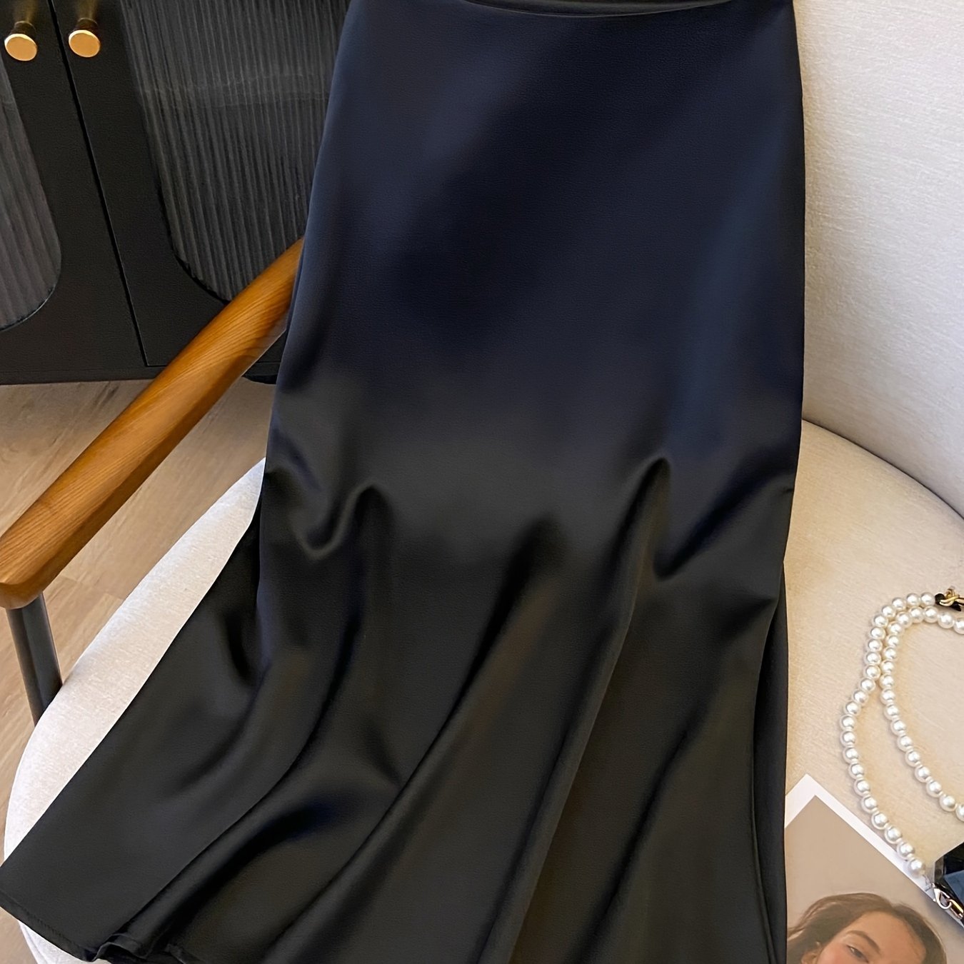 Women's High Waist Satin Midi Skirt Solid Color Elegant All Seasons