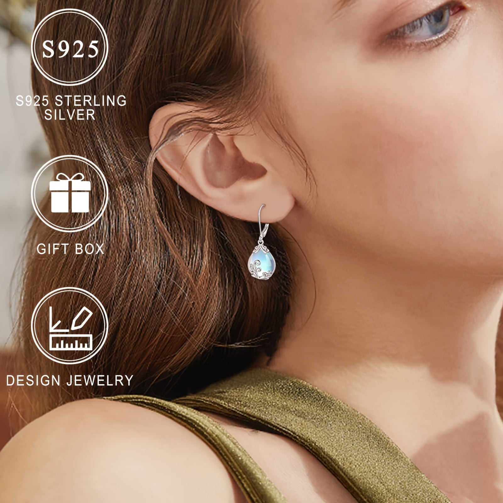 Sterling Silver Drop Earrings with Synthetic Moonstone Teardrop Floral Design Hypoallergenic for Women