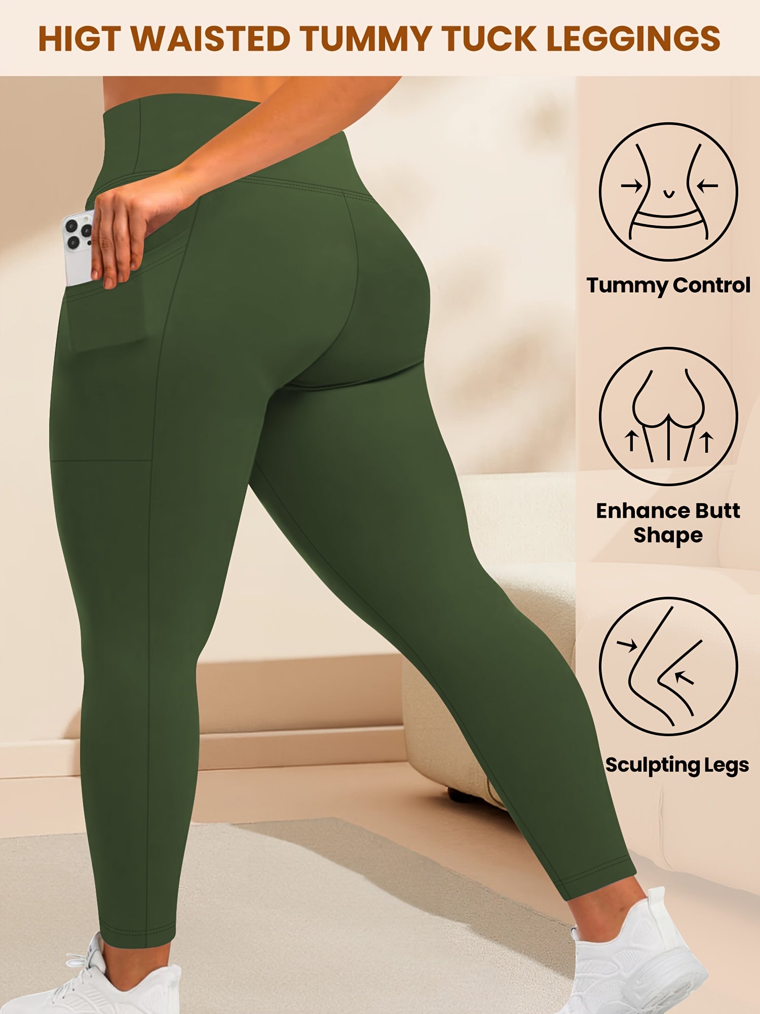 Plus Size Women's High-Waist 9/3 Length Leggings with Pockets Casual Stretchy