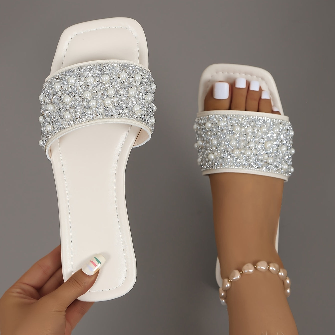 Women Summer Slide Sandals Faux Pearl Embellishments Flat Heel Casual Outdoor