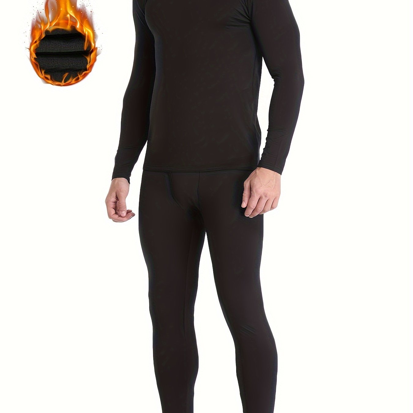 Men's Winter Thermal Underwear Set Long Sleeve Top and Pants Solid Color Polyester Spandex