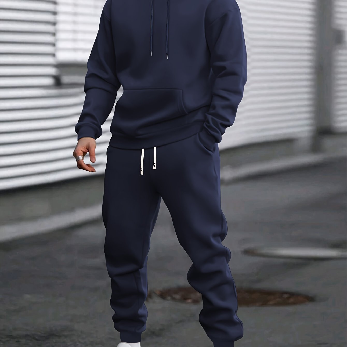 Men's Casual Sportswear Set Hoodie and Joggers Solid Color Polyester Blend Machine Washable for Spring Fall