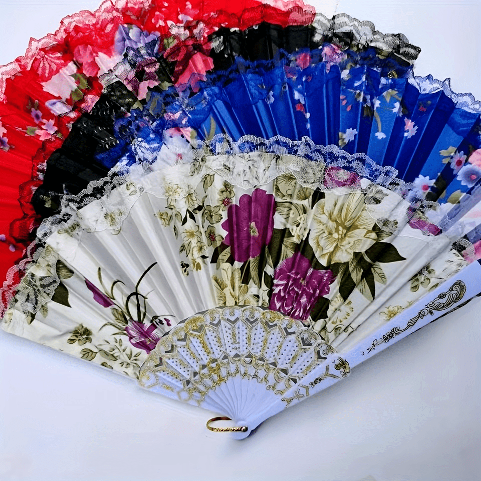 Set of 12 Black Lace-Trimmed Folding Fans for Women, Floral Chinese-Inspired Hand Fans