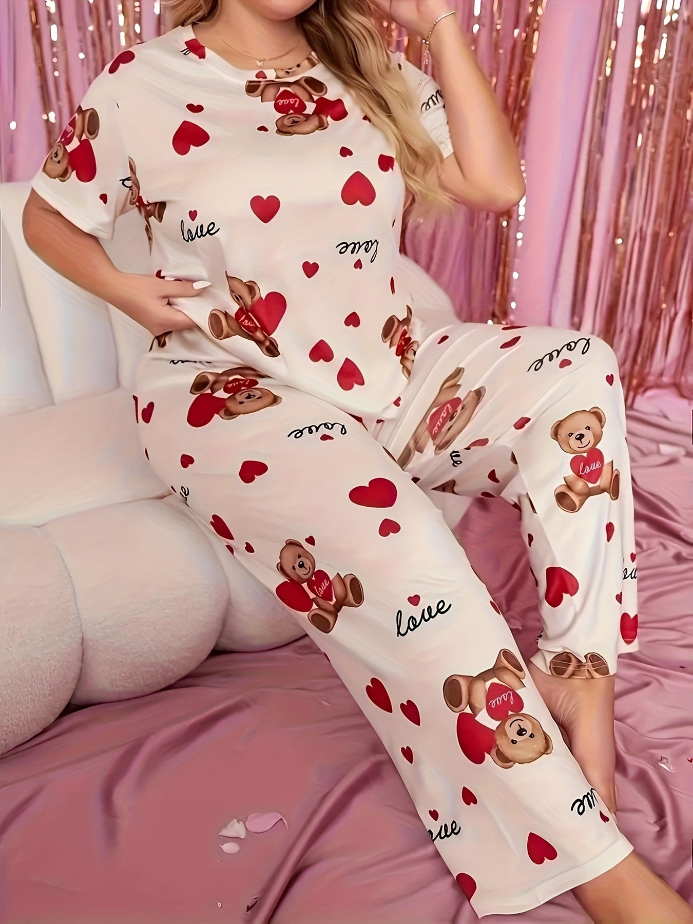 Women's Pajamas Large Size Cartoon Love Bear Sleepwear Set
