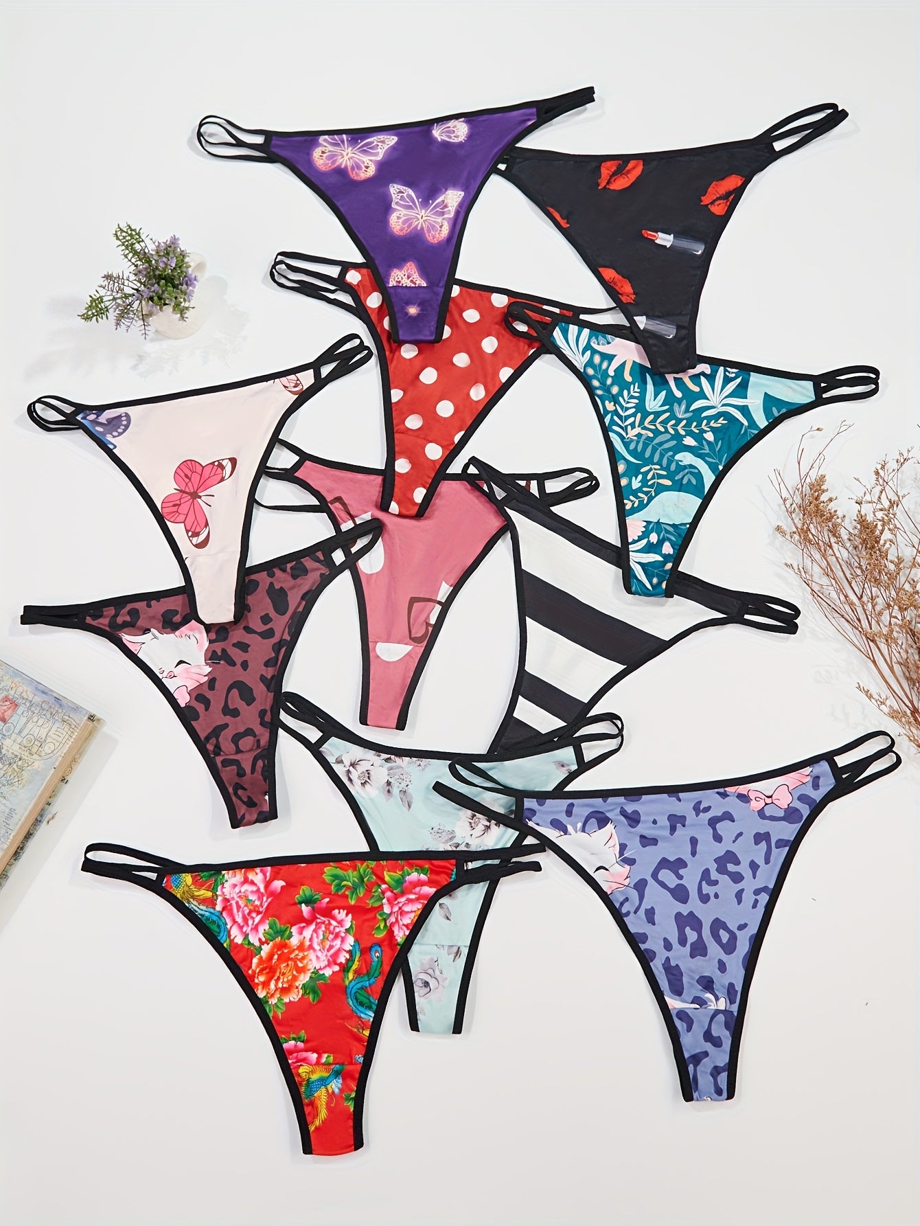Women's Plus Size Low-Rise Thong Underwear 10 Pack Floral Abstract Print
