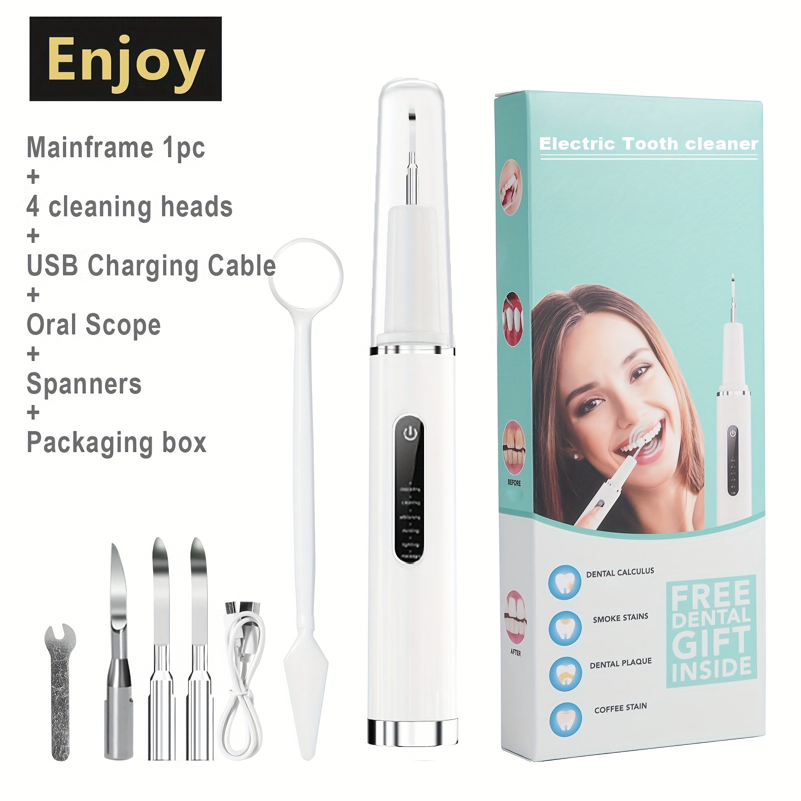 Elektr pet tish tozalash uchun 6 darajali LED yoritgich va almashtiriladigan boshli tish tozalash qurilmasi