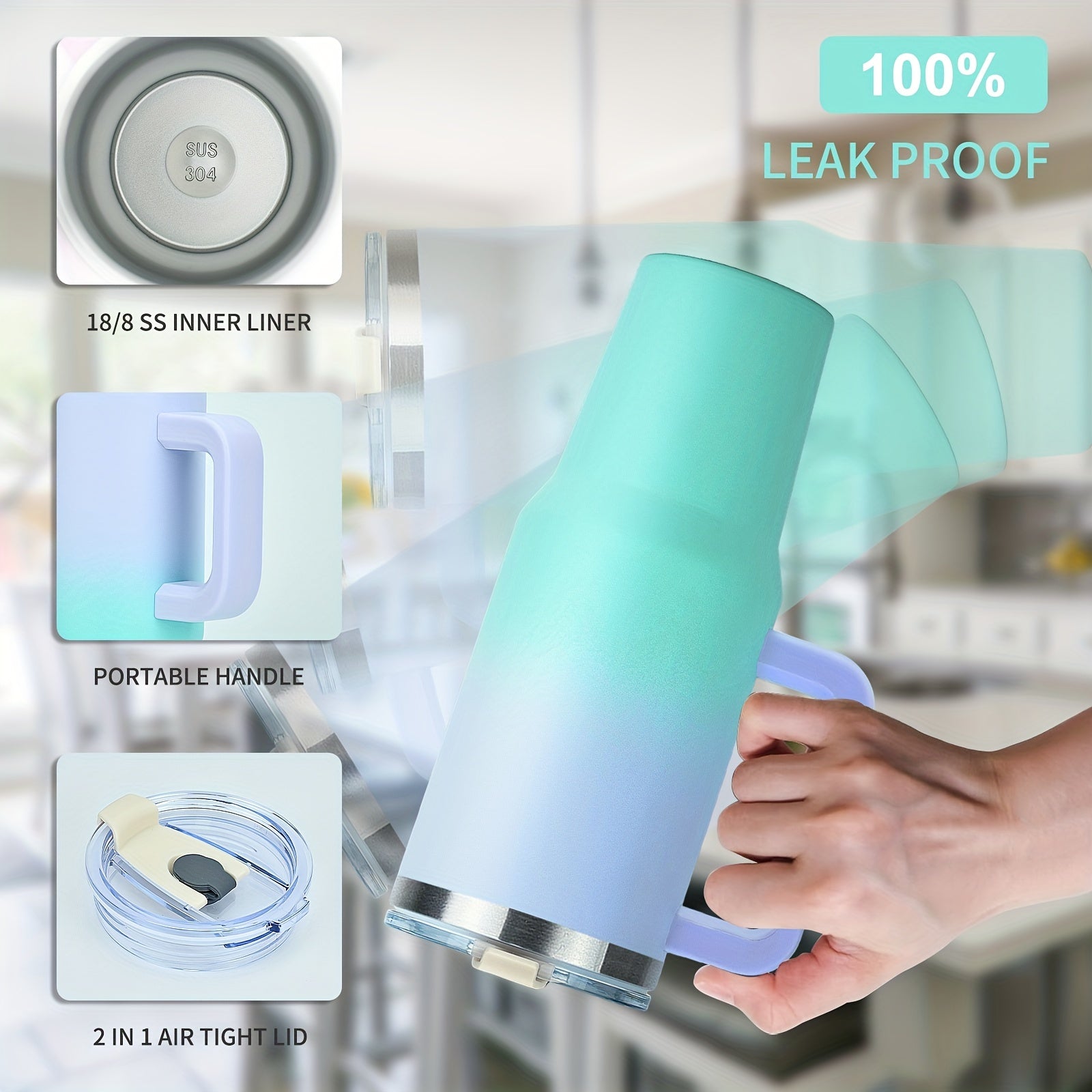 Vaso de doble pared de acero inoxidable con tapa con asa y pajilla, aislado al vacío para bebidas calientes y frías