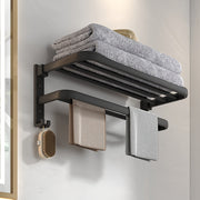 Black Wall Mounted Bathroom Shelf with Towel Bar and Hooks