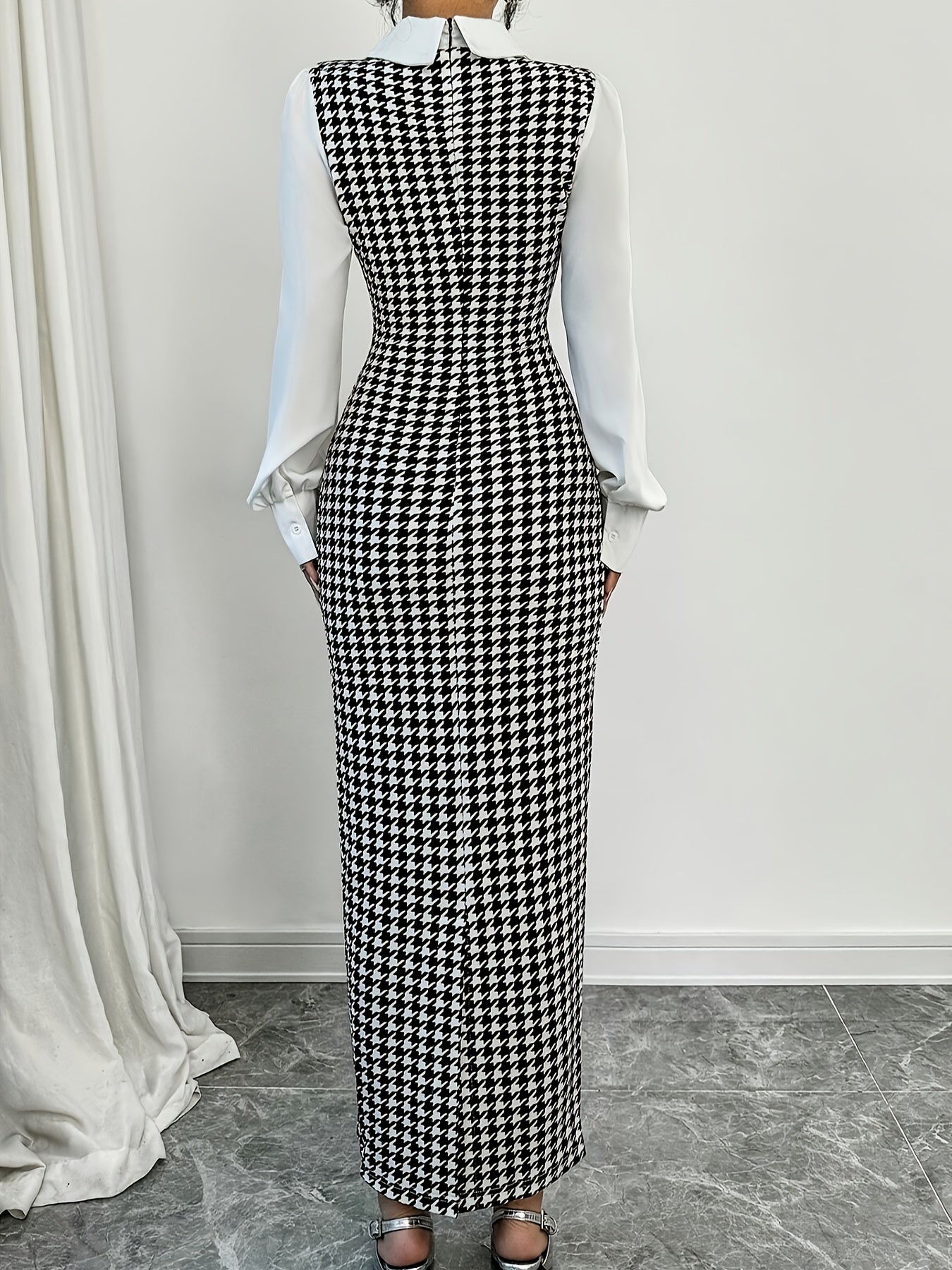 Ayollar uchun nafis houndstooth bodycon ko'ylak, turli xil yenglar, tor kesimdagi midi ko'ylak, kuz/qish modasi uchun trikotaj polyesterdan tayyorlangan.