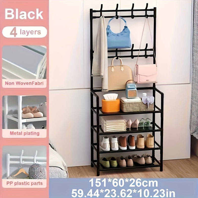 Iron Storage Organizer with 8 Dual Hooks Shoe Rack Coat Hanger for Living Room Bathroom Hallway