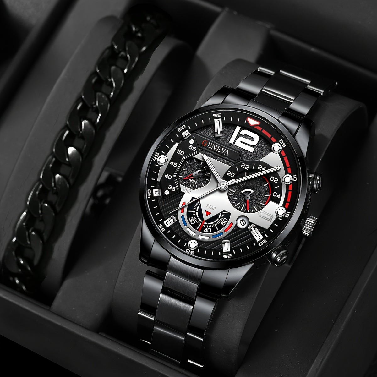 Men's Stainless Steel Quartz Watch with Calendar and Business Bracelet