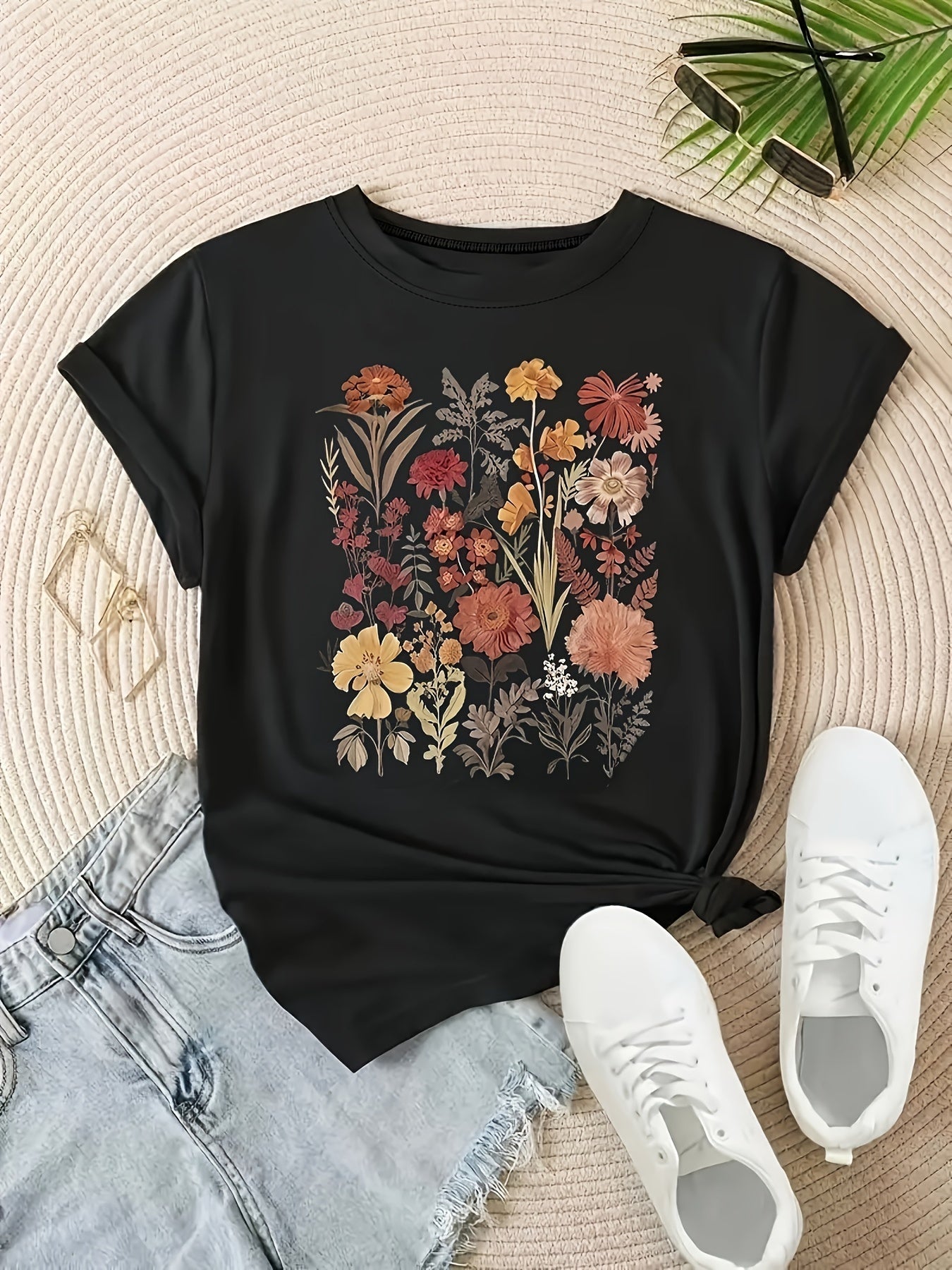 Women's Navy Blue Short Sleeve Floral Print T-Shirt, Casual Relaxed Fit