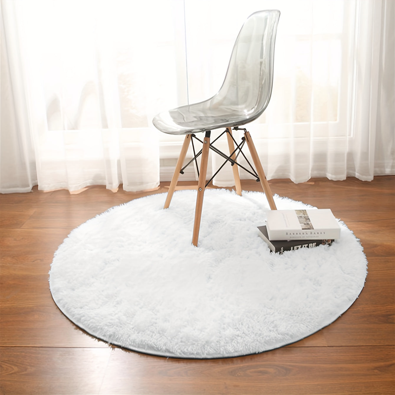 Pure White Silk Circular Rug, Soft Non-Slip Polyester Mat for Living Room Bedroom Yoga