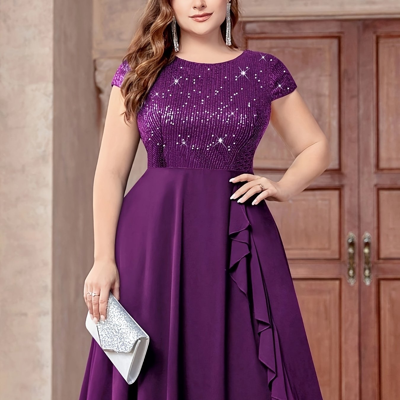 Plus Size Women's Chiffon Dress with Sequin Patchwork