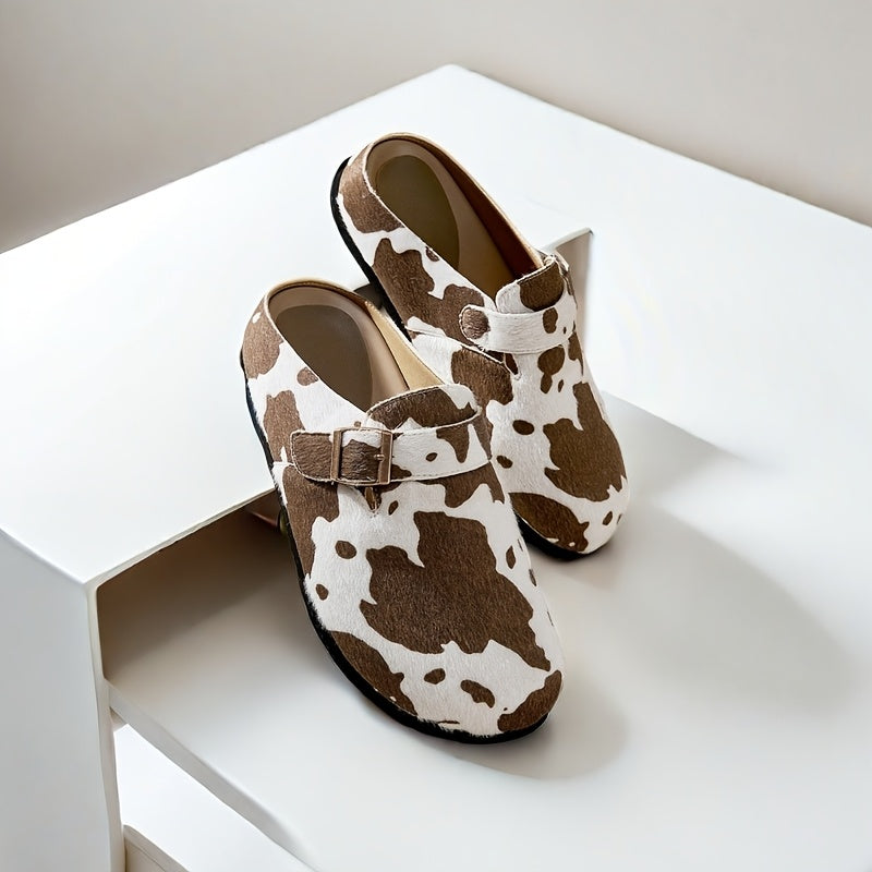 Women's Corduroy Mules with Cow Print Lightweight Casual Flat Shoes
