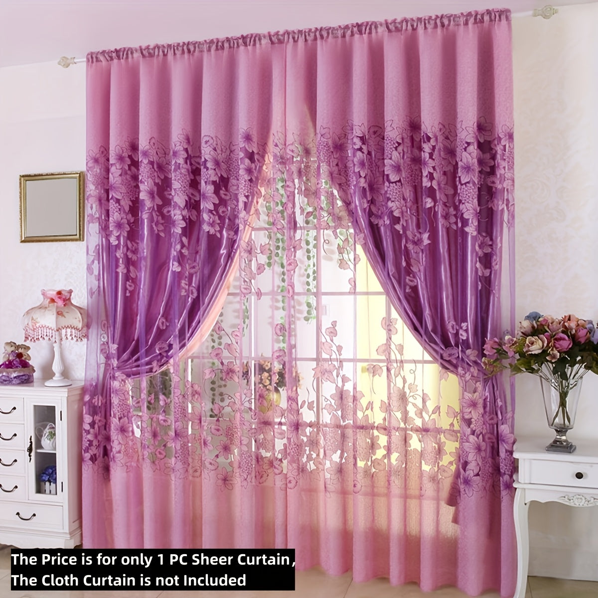 Sheer Curtain with Flower Pattern Pastoral Morning Glory Single Layer Rod Pocket for Living Room Bedroom