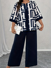 Conjunto de dos piezas para mujer con estampado geométrico, top de escote en V y pantalones de pierna ancha, poliéster