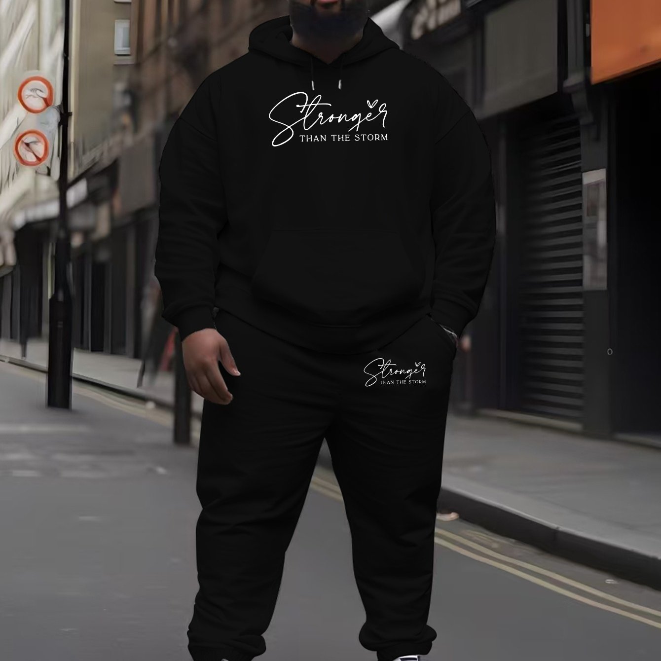 Men's Casual Hoodie Set with "Than The Storm" Print 100% Polyester Knit Fabric Regular Fit