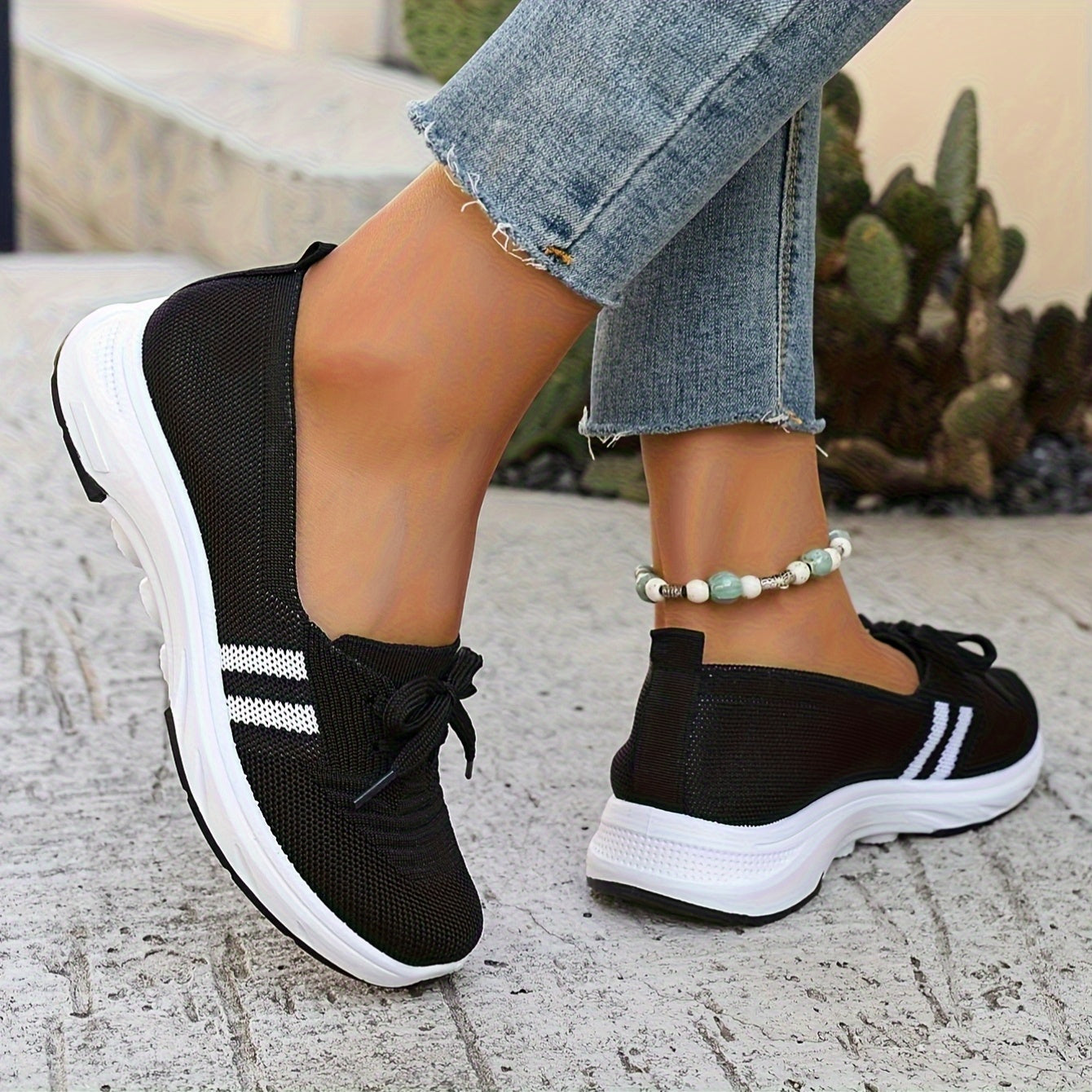 Women's Breathable Knit Slip-On Sneakers with Bow Beige White Casual Shoes