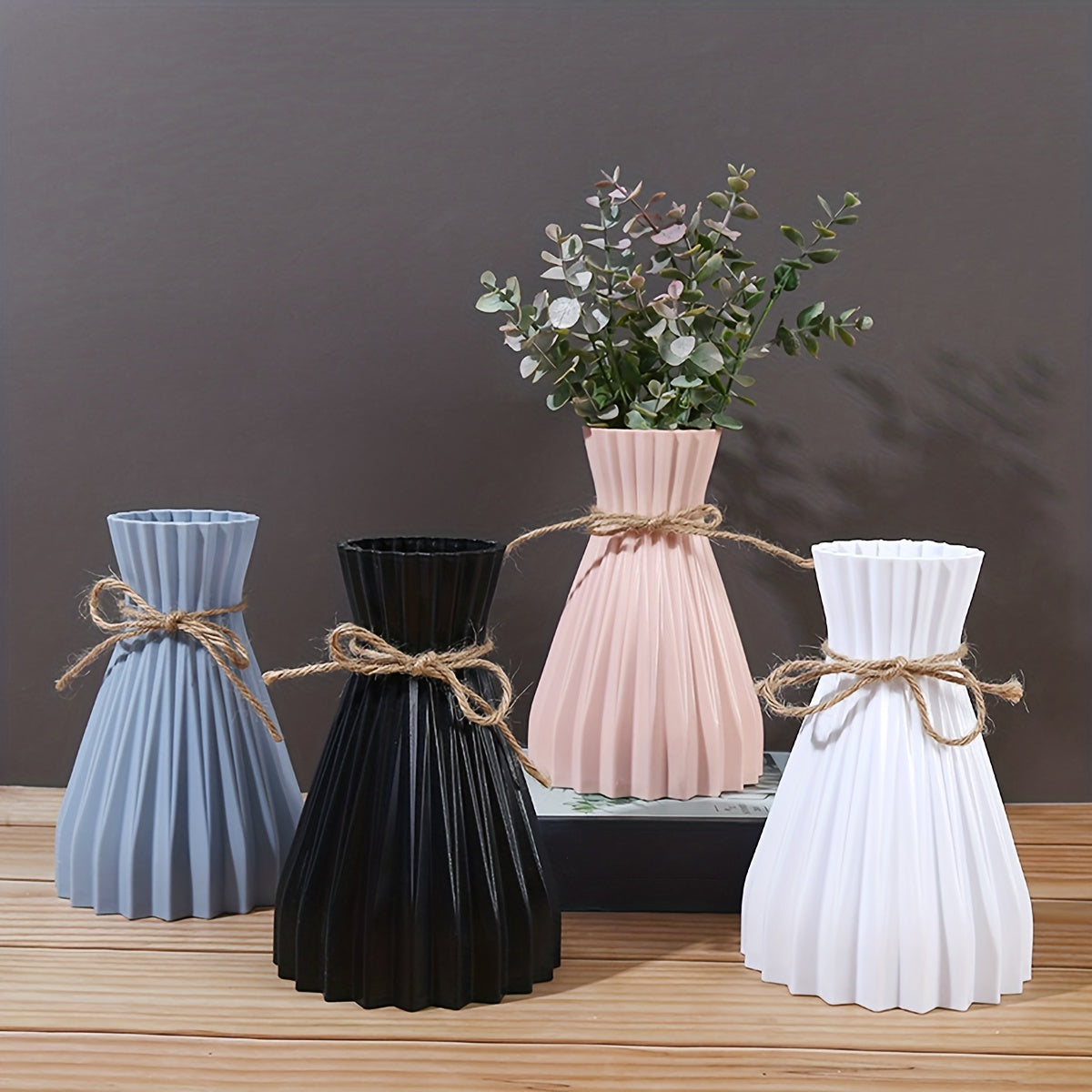 Faux Ceramic Vase with Nordic Stripes for Home Decor Artificial Flower Arrangement