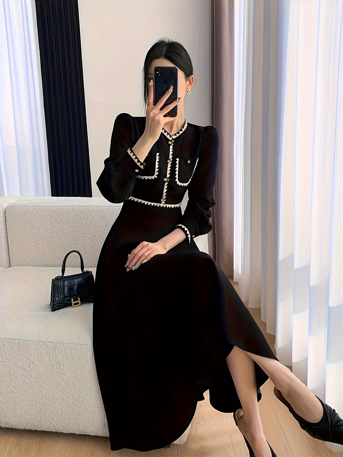 Ayollar uchun uzun yengli, V-shaklidagi va polyester matodan tayyorlangan elegant A-siluetli ko'ylak. Mashinada yuvish mumkin va bahor, yoz va kuz modasi uchun mos.