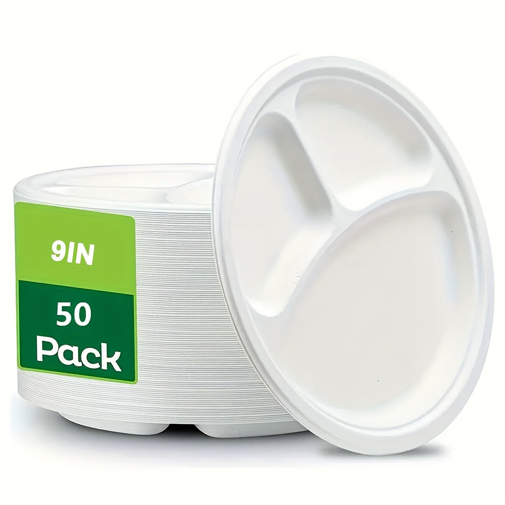 Set of 50 Biodegradable Disposable Paper Plates 9/10 Inch 3 Compartments for Parties