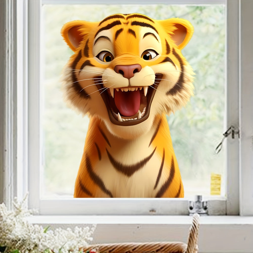 Adorable calcomanía de ventana de vidrio con caricatura de tigre electrostático, reutilizable, decoración para el hogar