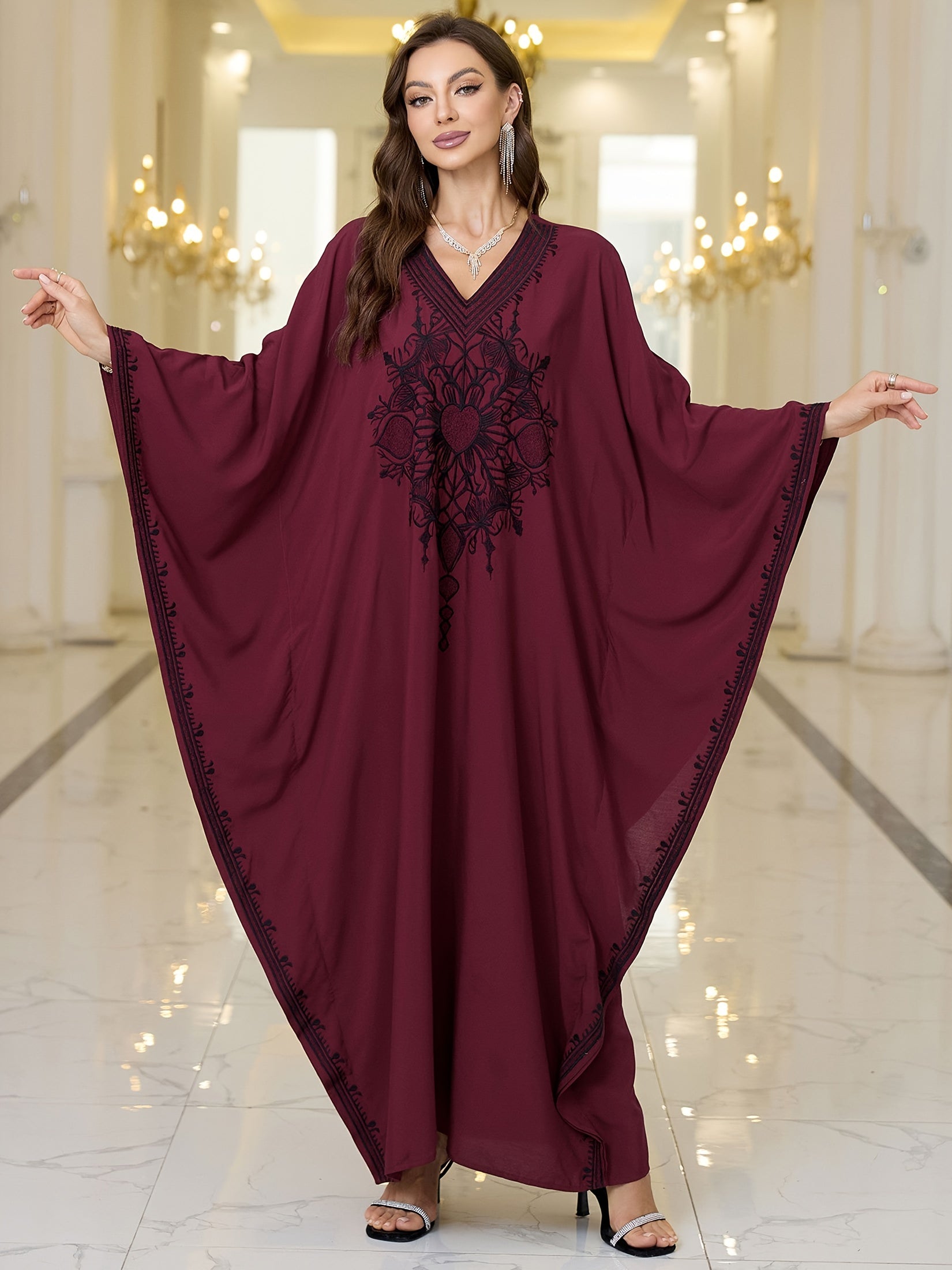 Plus Size Viscose Kaftan Dress V-Neck Embroidered Long Sleeve Beachwear