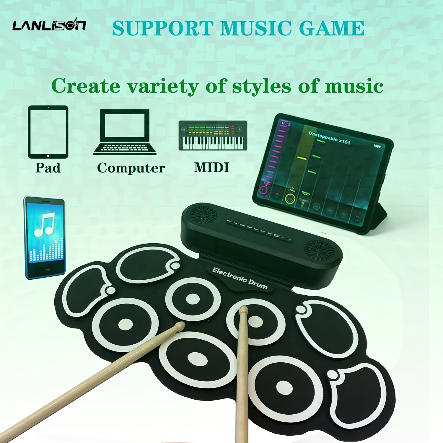 Roll-up Electronic Drum Set with 9 Practice Pads Built-in Speakers and 10-Hour Playtime