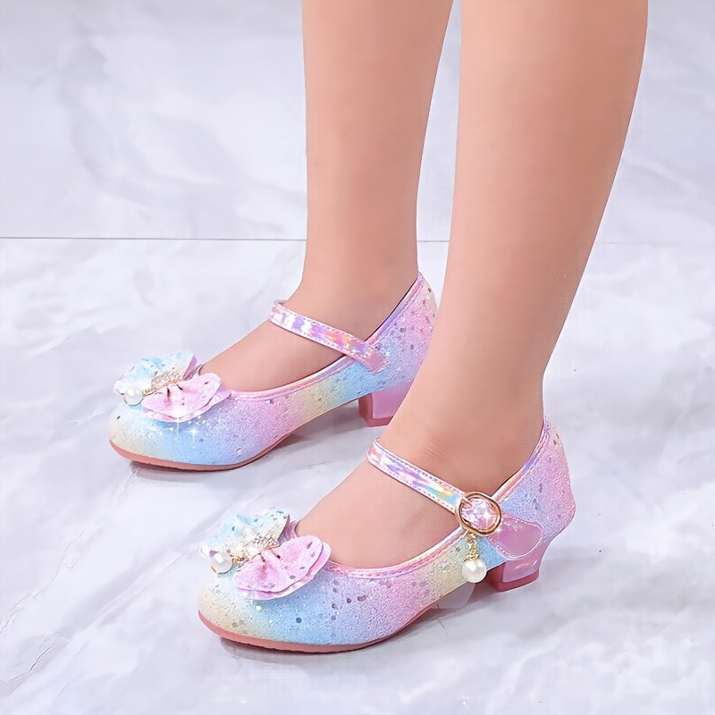 Girls Sequin High Heels with Bowknot Glittery Pastel Colors for Parties and Performances