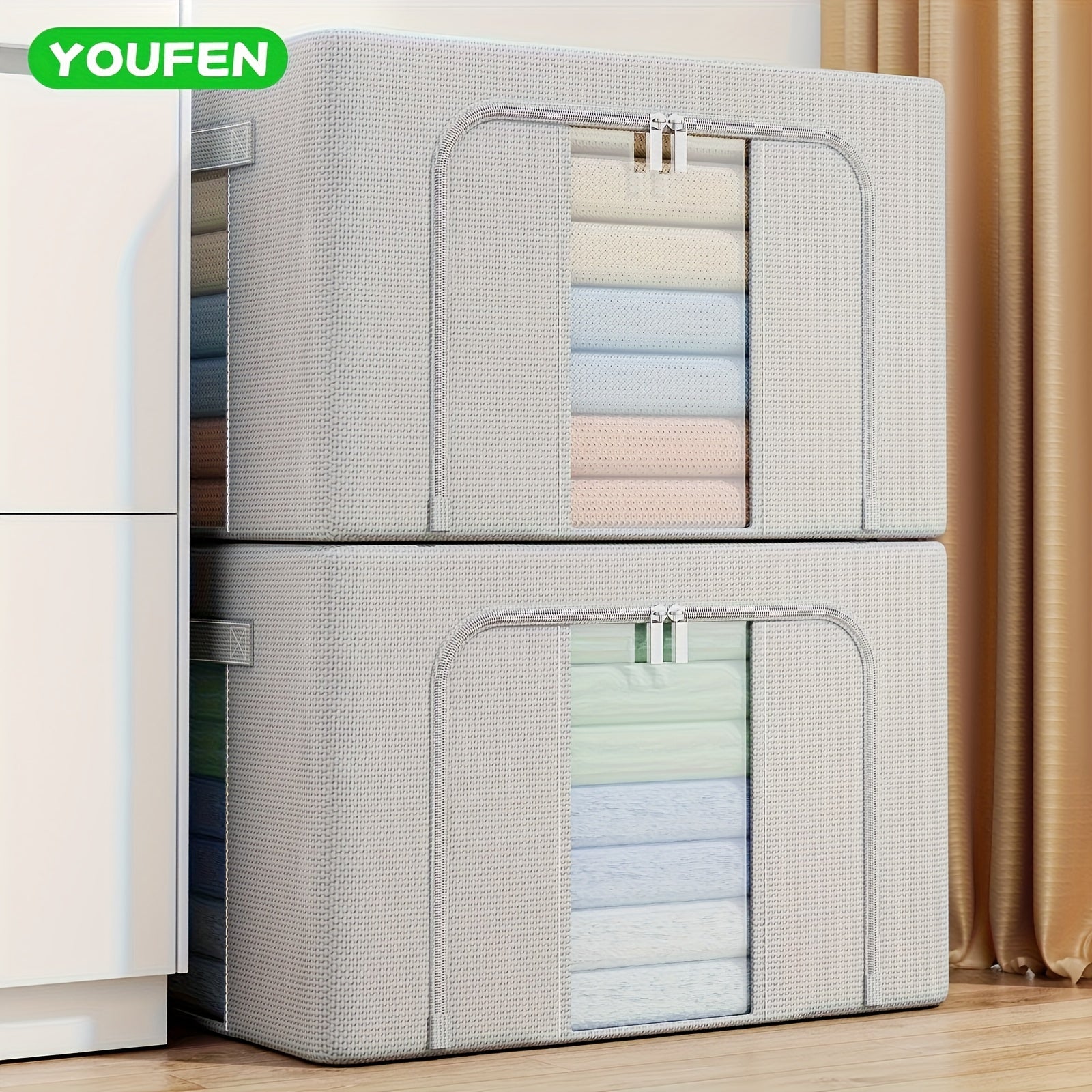 Коробка для хранения из оксфордской ткани с видимыми окнами, молнией, большим объемом для одежды и одеял.