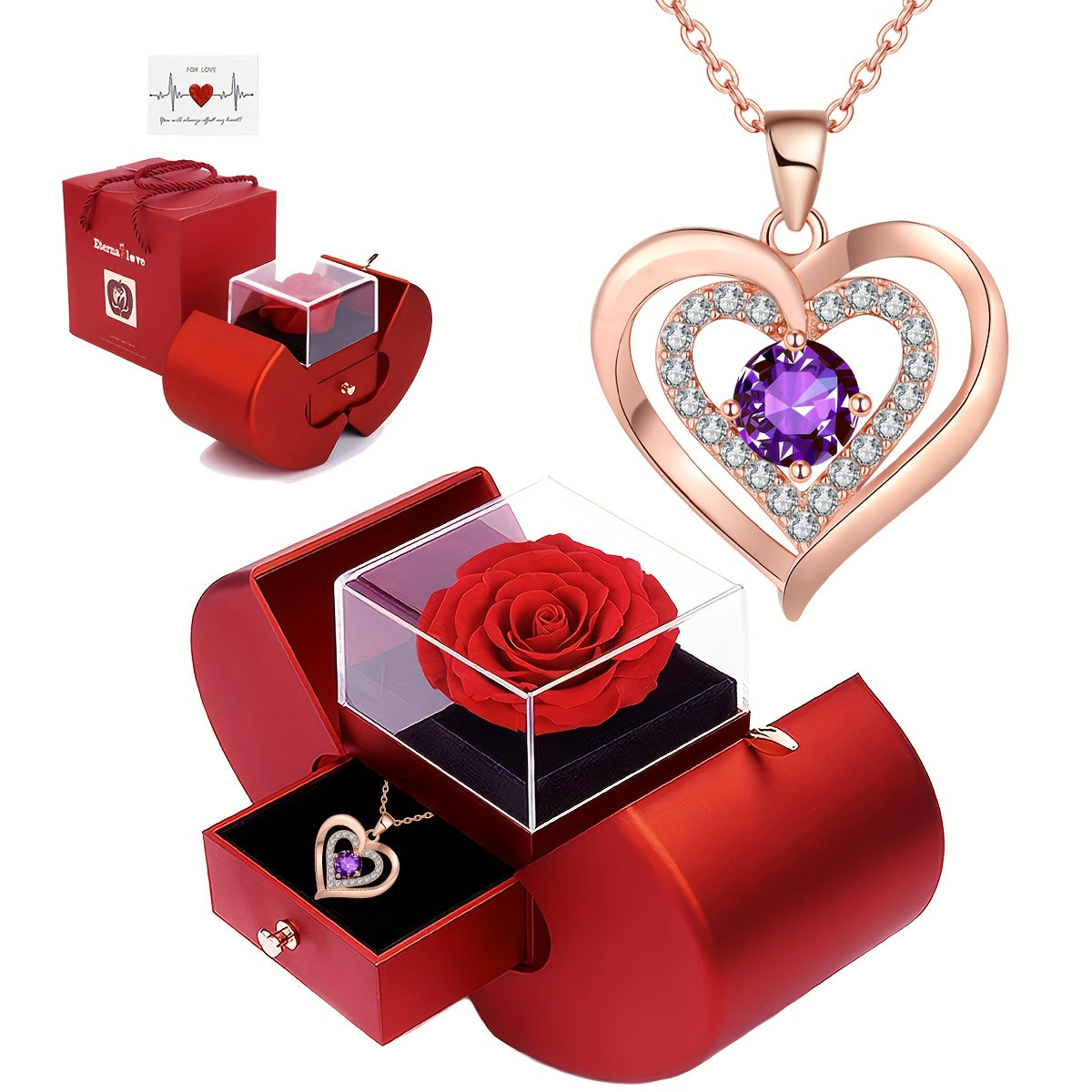 Heart Necklace with Copper Synthetic Zirconia Pendant and Rose Box Set for Women