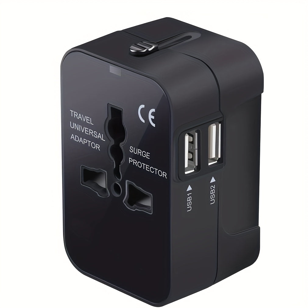 Adaptador de cargador de viaje universal con puertos USB duales, convertidor de enchufe multi-región, protector contra sobretensiones